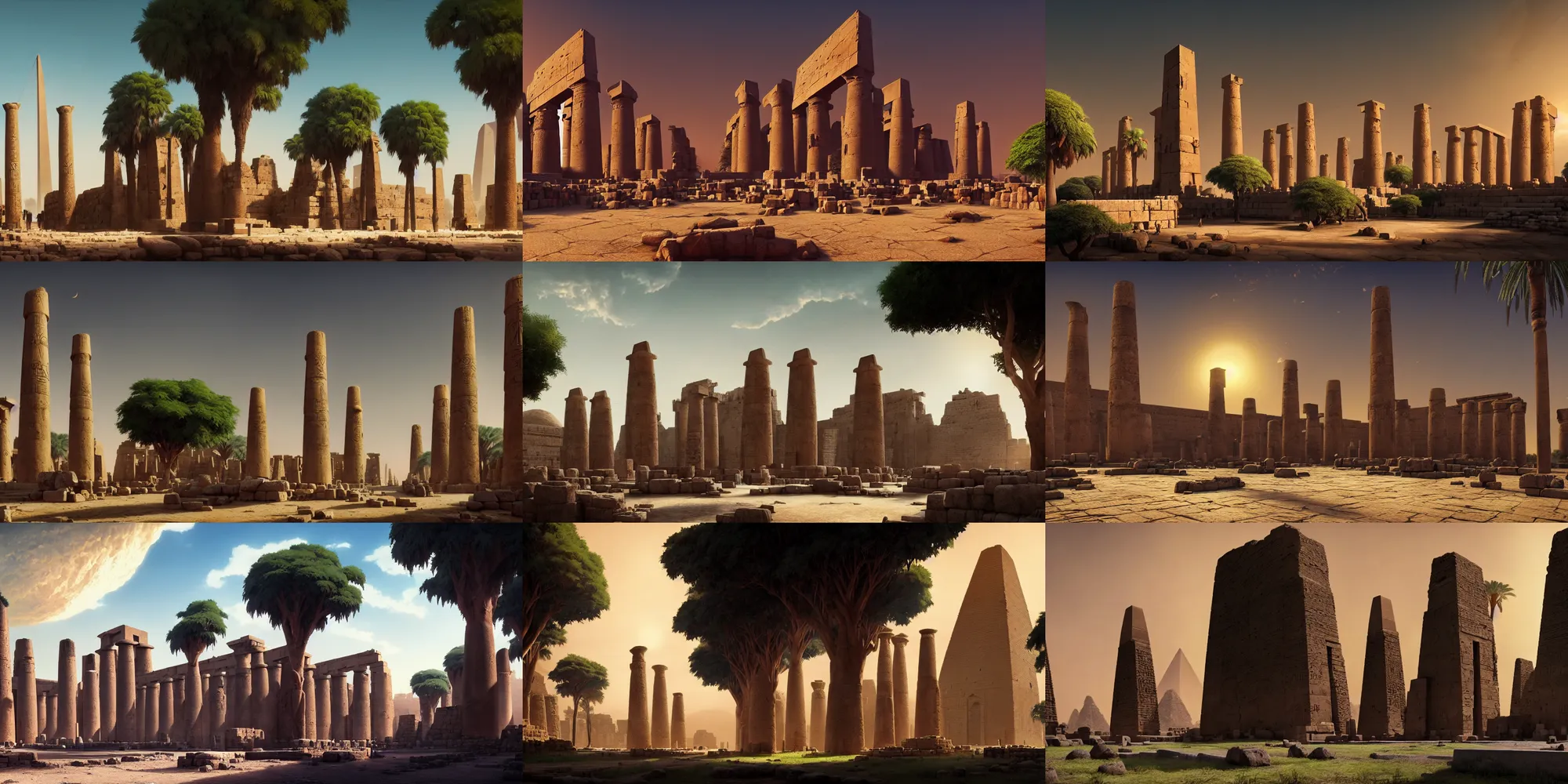 Prompt: ancient luxor temple with acacia trees, photorealistic, dark atmospheric lighting, ultrawide establishing shot, octane render, rtx, hdr, unreal engine, widescreen 8 k, studio ghibli, pixar, disney, prince of egypt, greg rutkowski, artstation, artgerm