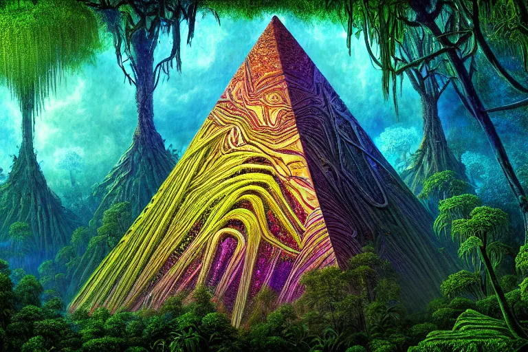 Prompt: a beautiful and highly detailed digital painting of an alien pyramid in a lush forest on an alien planet, psychedelic patterns, psychedelic plants and trees, intricate details, epic scale, 8 k, sharp focus, photorealism, artstation, cgsociety, by caspar friedrich, albert bierstadt, james gurney, alex grey, brian froud,