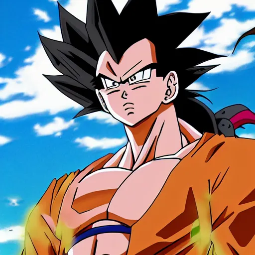 Image similar to an anime image in the style of dragonball. it is of a man and a dragon, the figure looming above a rocky, barren landscape. the warrior is in tattered robes, his hair and beard done up in a style that looks somewhat elvis - like.