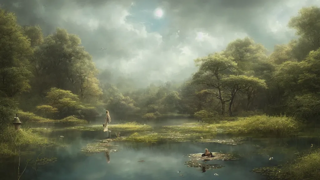 Prompt: a ultradetailed beautiful matte painting of a peaceful pond with a clear water and a magical wind blowing gently, landscape, high resolution 4 k, by tom bagshaw, greg rutkowski, charli bowater and artgeem