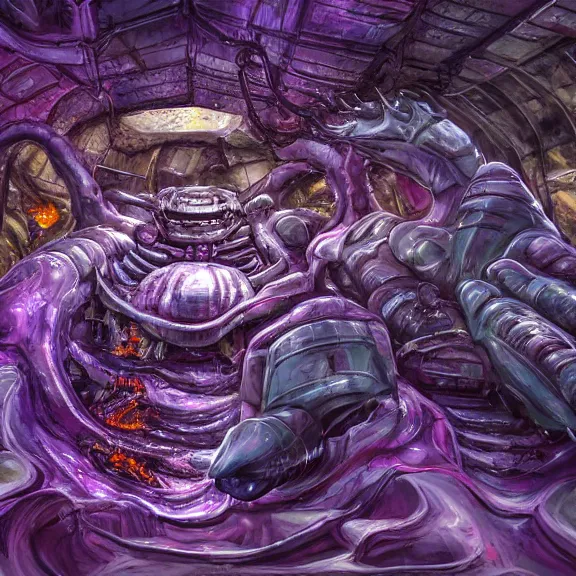 Prompt: detailed shot of inside a cavernous living stomach of a giant mecha dragon, the walls purple and pulsing, slimy and hot, lots of acid pooling up on the floor, digesting a bunch humans that ended up inside, food pov, micro pov, vore, digital art, furry art, high quality, 8k 3D realistic, macro art, micro art, Furaffinity, Deviantart, Eka's Portal, G6