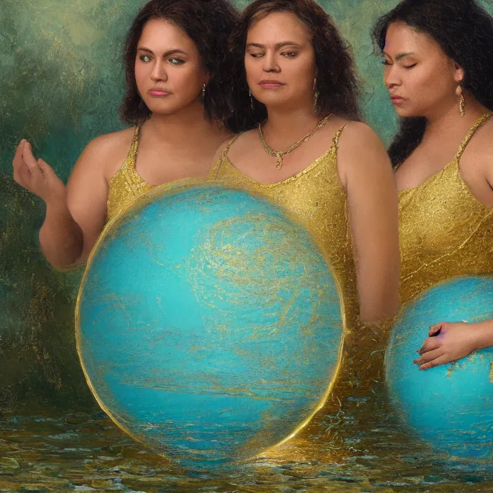 Image similar to a closeup portrait of a three women wrapped in gold, the three dates, three sirens, standing next to a levitating turquoise orb, in a misty pond, color photograph, by vincent desiderio, canon eos c 3 0 0, ƒ 1. 8, 3 5 mm, 8 k, medium - format print