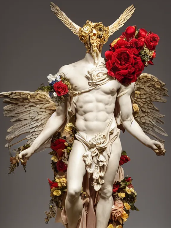 Prompt: a icarus with wings in the form of a Greek sculpture with a mask in the form of a bird wings and wreath of flowers, roses in hands, dressed in a flower dress, stands in the pose of a super hero on a golden stone, silk, fabric, birds, flowers. red plastic. baroque elements, human skull. full-length view. baroque element. intricate artwork by caravaggio. many many birds birds on background. Trending on artstation. halo. octane render, cinematic, hyper realism, octane render, 8k, depth of field, bokeh. iridescent accents. vibrant. teal and gold and red colour scheme