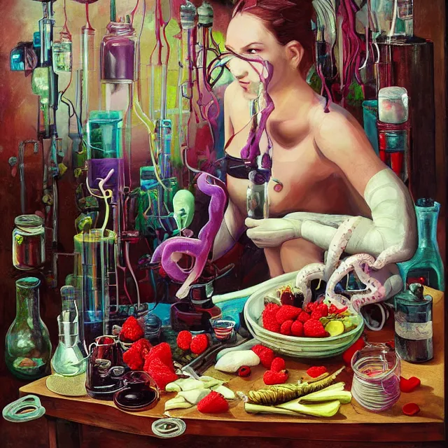 Prompt: sensual, female android in her apartment, surgical equipment, giant octopus, a fur seal, raw pork, berry juice drips, pancakes, berries, peppercorns scientific glassware with plant roots, art supplies, candles dripping wax, neo - impressionist surrealism, acrylic and spray paint and oilstick on canvas