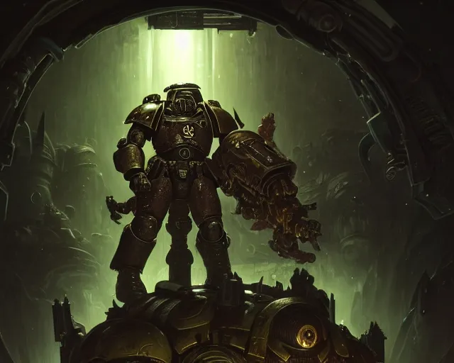 Image similar to 4 k cinematic still portrait of a space marine in a dark liminal space room, nurgle, deep focus, d & d, fantasy, intricate, repulsive, highly detailed, digital art, art station, concept art, matte, sharp focus, illustration, dark fantasy art, hearthstone, art by artgerm and greg rutkowski and alphonse mucha