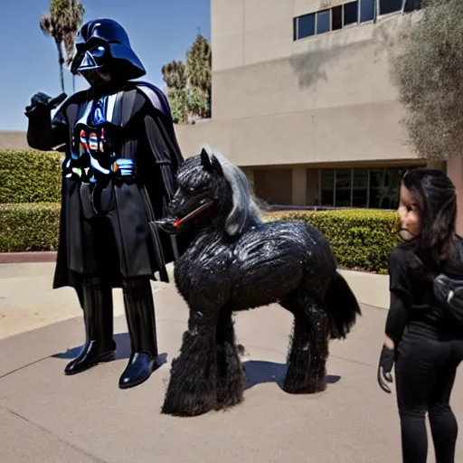 Prompt: Darth Vader riding a my little pony outside of hepner hall at San Diego State University