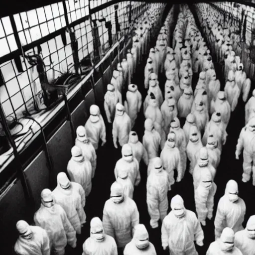 Image similar to MC Escher style underground lab, sterile, human farm, staff wearing hazmat suits, unknown location, photo taken from above, light and shadows