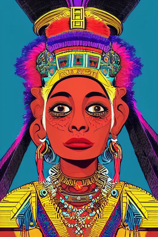 Image similar to close up portrait of a beautiful aztec queen with elaborate head dress by jamie hewlett, jamie hewlett art, full body character concept art, vaporwave colors,