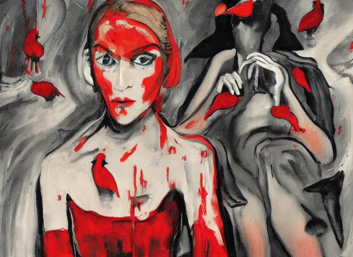 Image similar to a painting of annasophia robb bent with frozen cold stare, blood red background, transparent gray long dress, stockings, crows swarming trapped in the void as a symbol of death, in style of Francis Bacon, Ilya Kuvshinov, John Singer Sargant, impasto textures of Chaim Soutine and Frank Auerbach, American Gothic