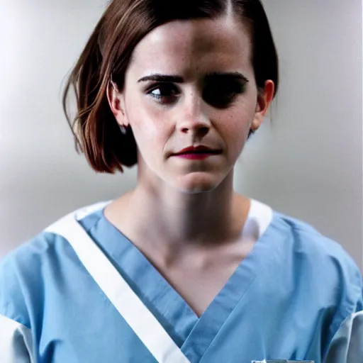 Prompt: emma watson, nurse scrubs, hospital, extreme far view, long shot, full body, award winning, kodak ektachrome expired blue tint,