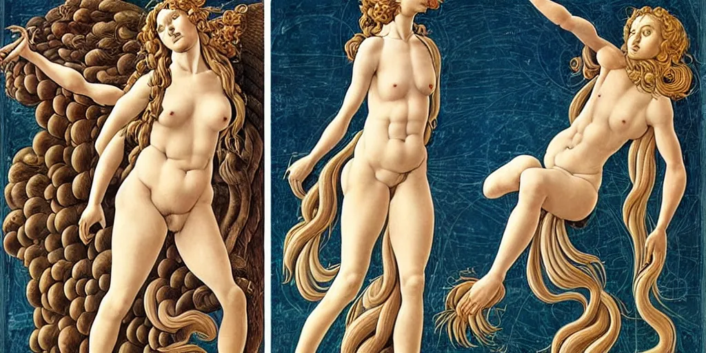 Image similar to the 12 months of the year as figures, in a mixed style of Botticelli and Æon Flux, stunningly detailed artwork