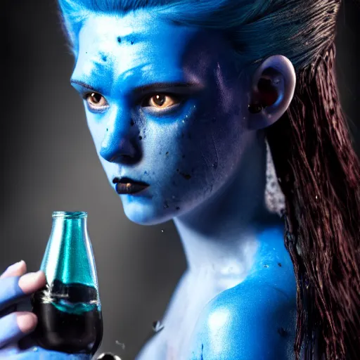 Image similar to a dnd Triton girl with blue skin and messy black hair drinking from a leather wine flask, a little blue-skinned girl with messy black hair sharp pointed ears freckles along the ridges of her cheeks, dnd triton, high resolution film still, 4k, HDR colors