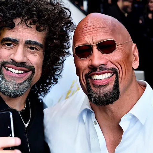 Prompt: caparezza taking a selfie with dwayne johnson, realistic, clean composition