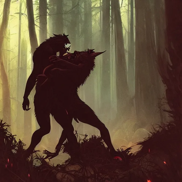 Image similar to a male werewolf with long claws fighting a young fit male vampire in a dark forest at night, by greg rutkowski and alphonse mucha, gradient brown to red, highly detailed, digital painting, artstation, concept art, smooth, sharp focus illustration