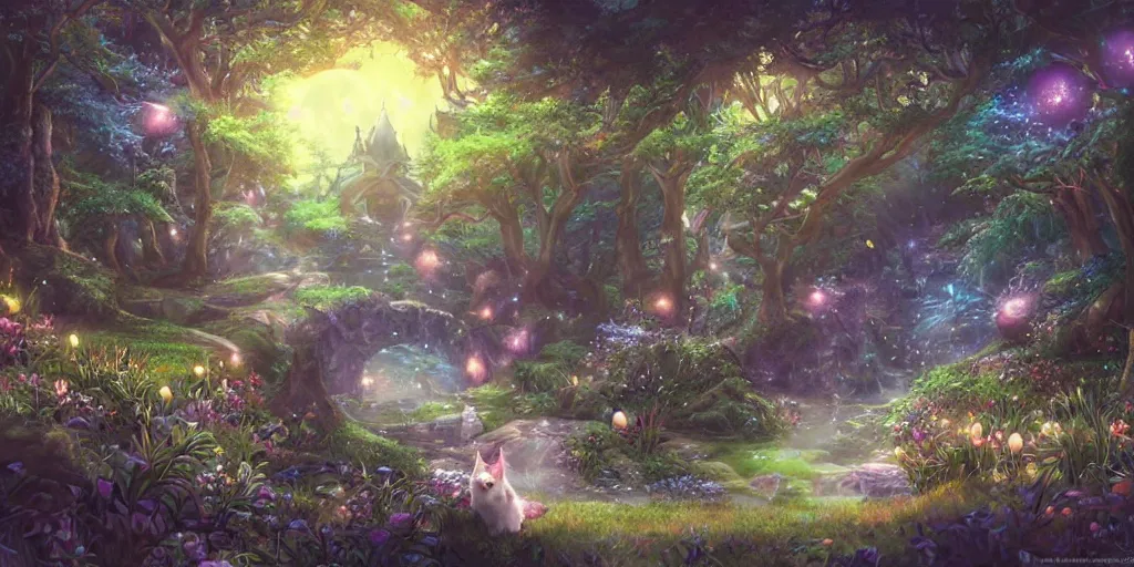 Prompt: final fantasy visual of a cat in a magical fantasy garden at night, moonlight, fireflies glowing, lofi feel, magical, highly detailed, digital art, artstation, smooth, hard focus, illustration, art by artgerm - in the style of final fantasy and studio ghibli