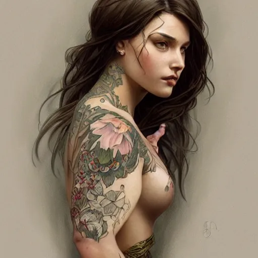 Image similar to ultra realistic illustration, a hot brunette tattooed slavic woman in her late 2 0's, intricate, elegant, highly detailed, digital painting, artstation, concept art, smooth, sharp focus, illustration, art by artgerm and greg rutkowski and alphonse mucha