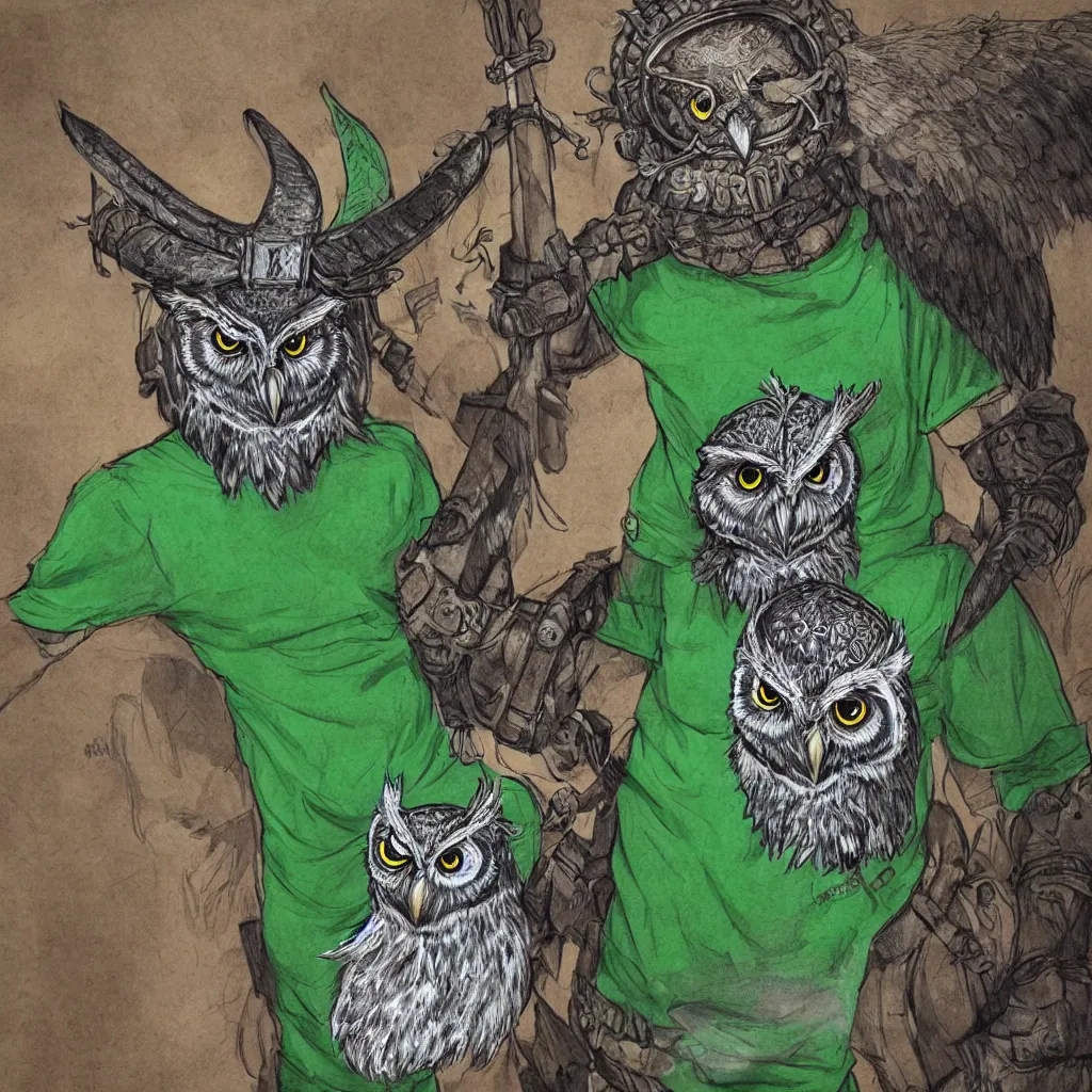 Prompt: A highly detailed, realistic anthropomorphic owl going to adventure wearing a horned viking helmet, shield, and green shirt. Commission by Sparrow.