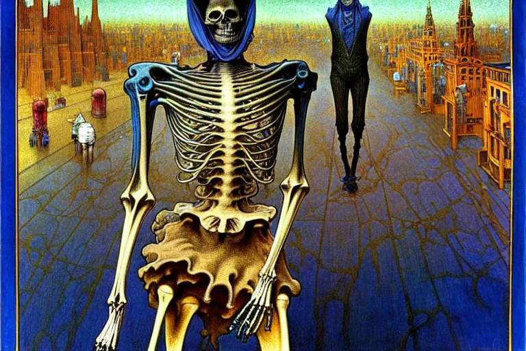 Image similar to realistic detailed closeup portrait painting of a single skeleton wearing a cape in a crowded futuristic moscow street by Jean Delville, Amano, Yves Tanguy, Alphonse Mucha, Ernst Haeckel, Edward Robert Hughes, Roger Dean, rich moody colours, blue eyes