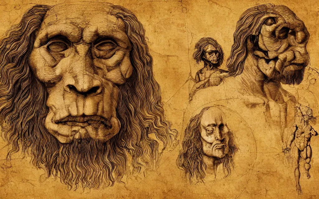 Prompt: The evolution of Man from Ape to Cyborg (and everything in between). Precision artwork by Leonardo Da Vinci. 4K HD Wallpaper. Premium Prints Available