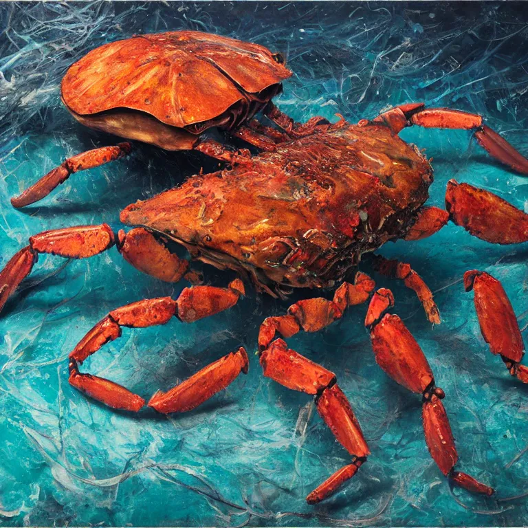 Prompt: Hyperrealistic intensely colored Studio wet collodion Photograph portrait of a deep sea Giant Armored Crab with 10 long spindly legs deep underwater in darkness long exposure, award-winning nature deep sea expressionistic impasto heavy brushstrokes oil painting by Jenny Saville and Norman Rockwell and Audubon vivid colors hyperrealism 8k