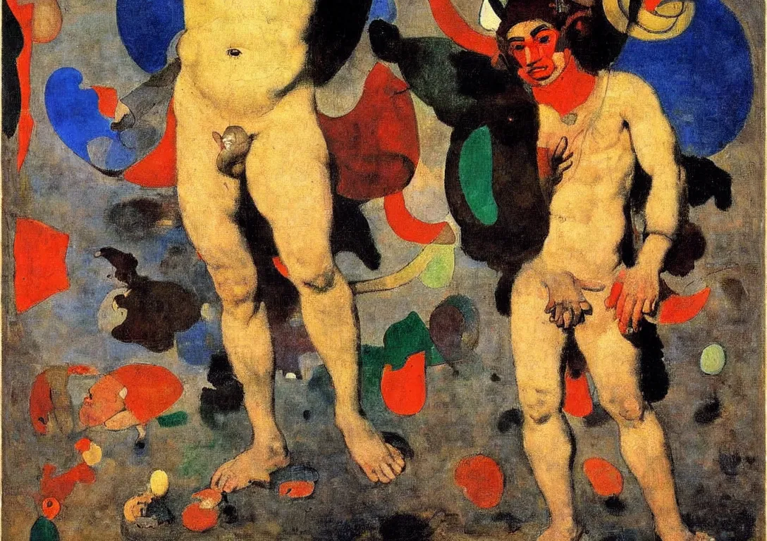 Image similar to a multiracial greek god following a watchful light through the streets of a city, saturated color scheme, sparse detail, by george luks, joan miro and moebius