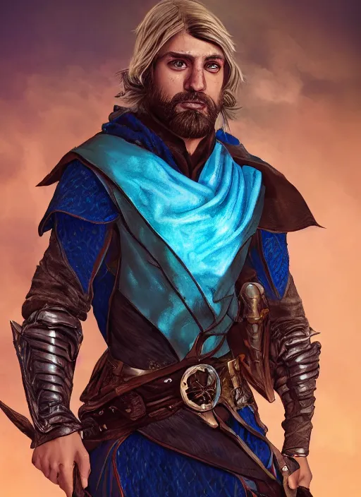 Image similar to A fantasy comic book style portrait painting of an arrogant half elf ranger, shaggy brown hair, scruffy beard, scar on face, blue tunic, unreal 5, DAZ, hyperrealistic, octane render, cosplay, RPG portrait, dynamic lighting