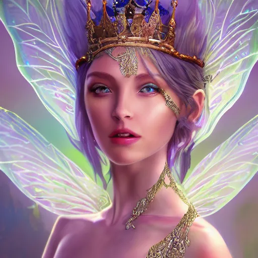 Image similar to detailed portrait of a fairy queen with wings wearing a silk robe, crown, pixie, iris, realism, emerald, galaxy, sapphire, blonde hair going down to touch the floor, moonlit, wearing a bejeweled mask, dark fantasy, dramatic lighting, cgsociety, artstation