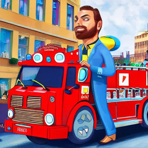 Prompt: gigachad riding a firetruck kiddy ride in front of a pharmacy, trending on Artstation, highly detailed, hyper realistic, vibrant colors, HD wallpaper, 4k, photorealistic, digital art