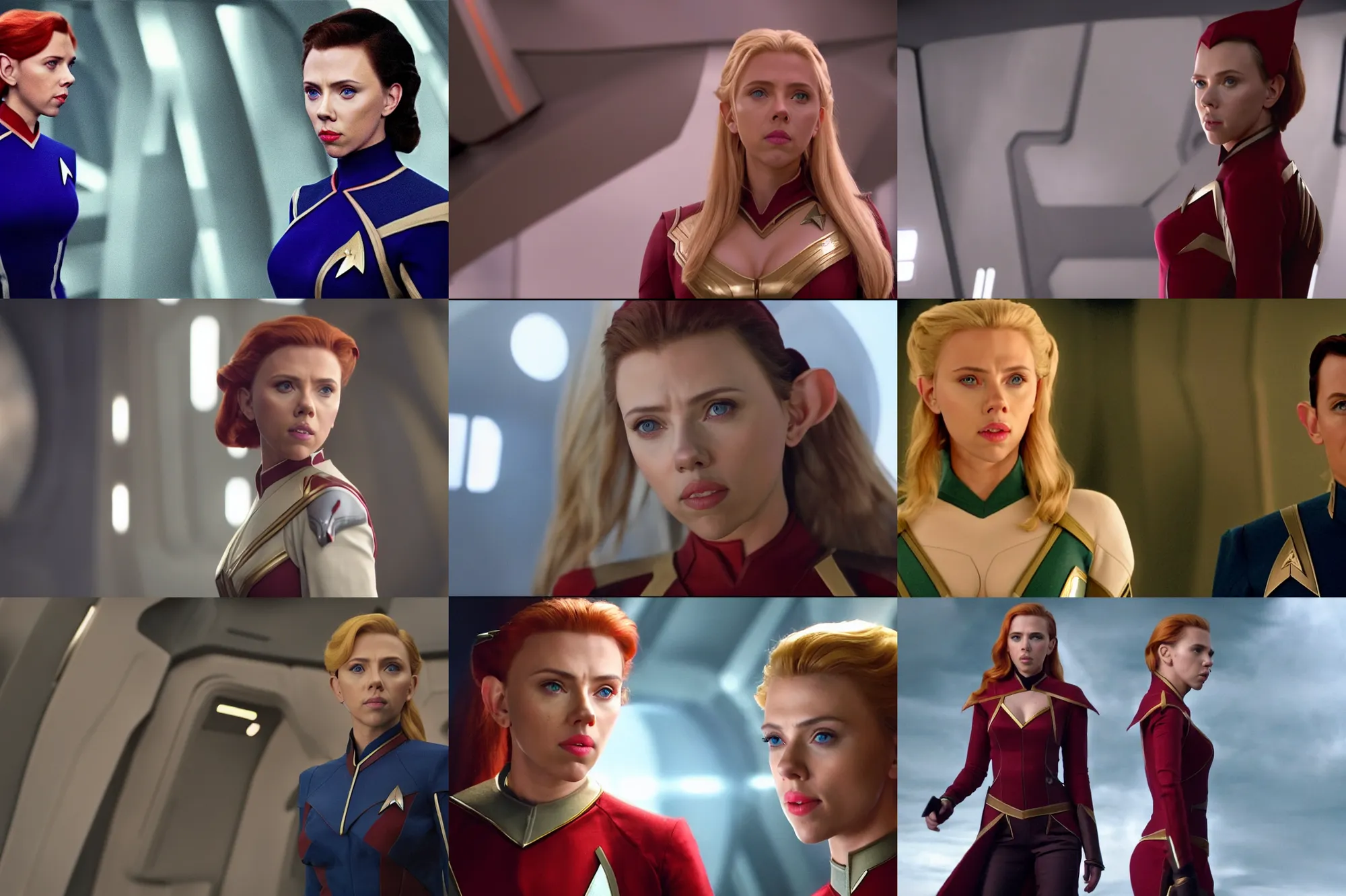 Prompt: 4K video of young attractive high-fantasy elf (played by Scarlett Johansson) in a Starfleet uniform in Star Trek, scene where she is on Deep Space Nine, photorealistic, soft light, cinematic lighting, sharp, camera