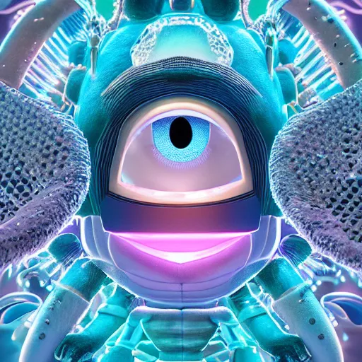 Prompt: fourth dimension, expressive eyes, floating, rbc, bunny, radiolaria, protophyta, micro - organisms, center frame, symmetric, rim light, marine microbiology, bioluminescence, electric, fur, soft, concept art, intricate details, highly detailed, colorful, photorealistic, disney pixar, octane render, iridescent, anime