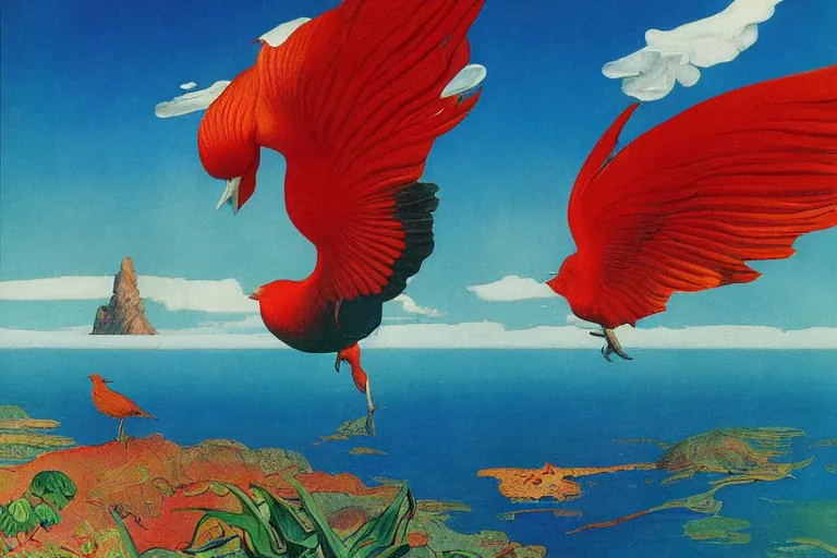 Image similar to fantastical bird flying over a tropical island, fluid, smooth, bright, colours, high contrast, sharpness, very detailed, intricate, by dali, magritte, edvard munch, da vinci, donato giancola, richard corben, zdzisław beksinski, moebius, francis bacon, studio ghibli, mucha and studio disney