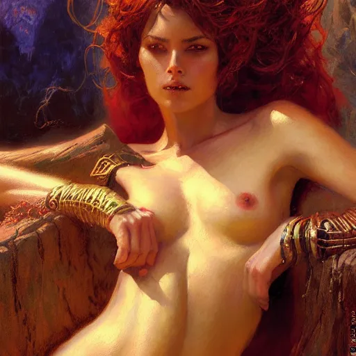 Image similar to stunning female wizard bathing, highly detailed painting by gaston bussiere, craig mullins, j. c. leyendecker, 8 k