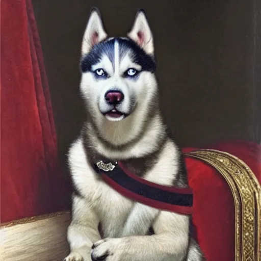 Image similar to a Husky dog sitting wearing a royal suit, renaissance painting, high quality, high detail, portait