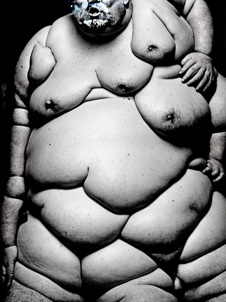 Image similar to a portrait photograph of an extremely obese donald trump wearing a skimpy bikini, his body is covered in boils, gargantuan warts and skintags. perfect focus and detail, in style of david bailey for playgirl.