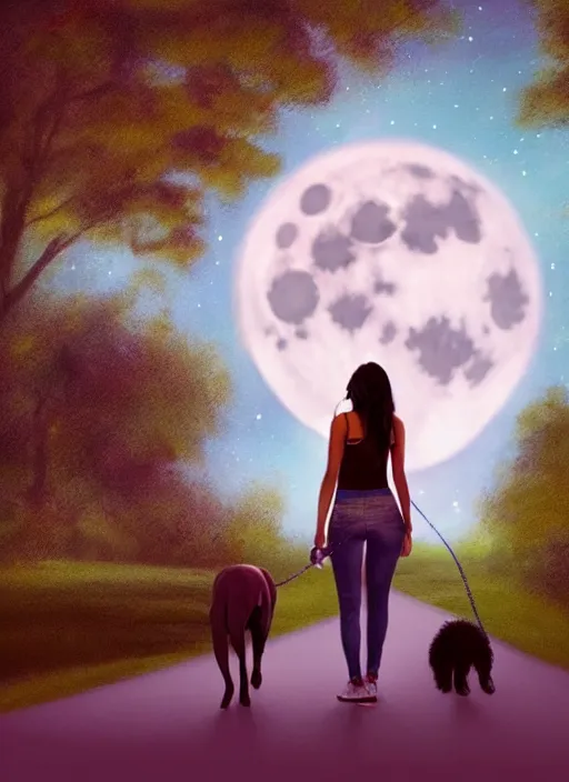 Image similar to young beautiful brown woman walking her dog in a park at night with a full moon, illustration, photoreal, fantasy, trending. masterpiece work of art . oil on canvas. Digitally painted. Realistic. 3D. 8k. UHD.