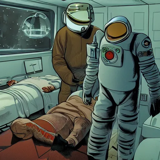 Image similar to surviving injured crashed spaceman, waking up, being cared for by primitive extraterrestrials, cinematic, worm's eye view, dramatic lighting, illustration, ron cobb, mike mignogna, science fiction