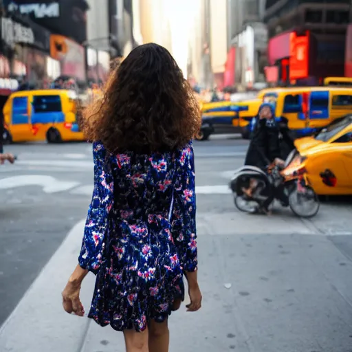 Prompt: back of a young woman in a dress with spiderman patterns, and a fox tail popping out between her legs , walking the streets of new york