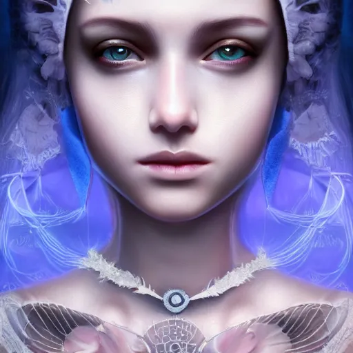 Image similar to symmetrical portrait of a beautiful dead princess female 4K symmetrical portrait, magical,fantasy , final fantasy, whole body, hyperrealism, cyberpunk, concept art, realistic, highly detailed, Featured on Artstation, cgsociety, Behance, Tom Bagshaw, Ross Tran, Japan Taiwan ,Soft lighting, attractive, highly detailed. intricate details. trending on artbreeder | zdzislaw beksinski. dariusz zawadzki. Michael Hutter. Peter Mohrbacher. Alfons Mucha. artstation