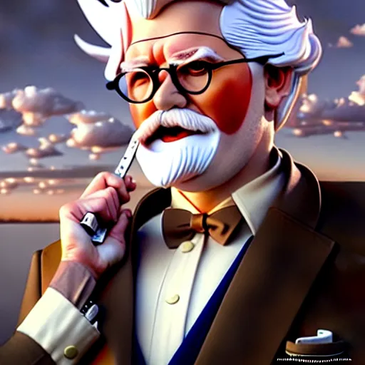 Image similar to epic portrait single colonel sanders explaining, redneck crowd for background, detailed, digital painting, artstation, concept art, donato giancola, joseph christian leyendecker, wlop, boris vallejo, breathtaking, high details, extremely detailed, beautiful, establishing shot, artistic, hyperrealistic, octane render