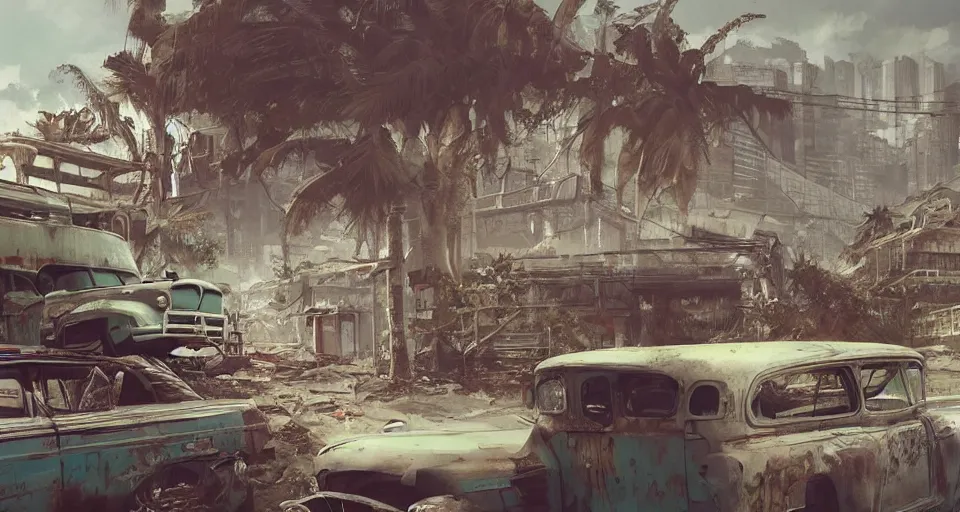 Image similar to fallout 5, tropical coastal city in real life, desolate, dilapidated, small settlements, abandoned retro futuristic vintage car and truck, buses, trees run rampant, illustration, perfectly shaded, oft painting, art by krenz cushart and wenjun lin