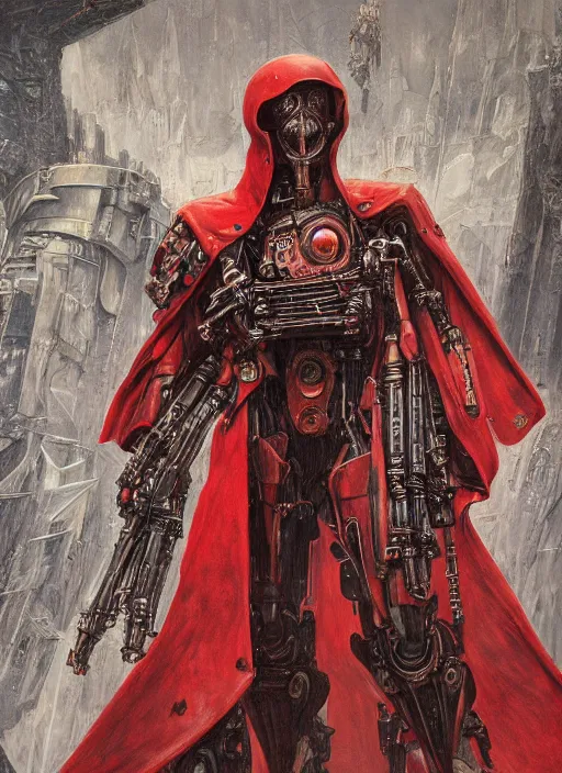 Image similar to portrait of rotten Tom Cruise as adeptus mechanicus in red hood and robe from Warhammer 40000. Highly detailed, artstation, illustration by and John Blanche and zdislav beksinski and wayne barlowe and Gustav Klimt