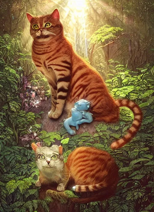 Image similar to a hyper realistic cat god with happy lighting and technology jewelry in the woods gorgeous lighting, sunbeams blue sky, lush forest foliage painting by chiara bautista and beksinski and norman rockwell and greg rutkowski weta studio, and lucasfilm