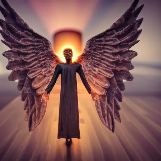 Prompt: angel of death offering a hand in the dark with sympathetic smile high quality, realistic, tilt shift