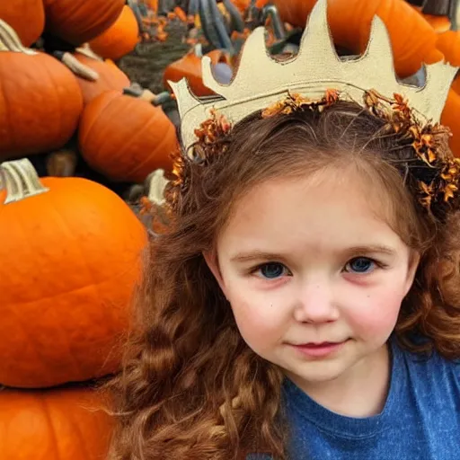 Prompt: a cute little girl with light brown wavy curly hair and blue eyes sitting amidst piles of pumpkins. beautiful cute highly detailed face. she is wearing a crown of autumn leaves. autumn and fall and halloween themed painting by artgerm and greg rutkowski and magali villanueve.