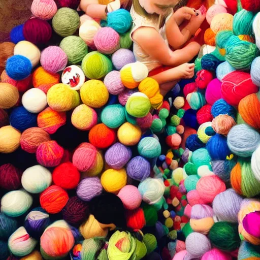 Prompt: getting lost in a yarn store when you are 1cm tall, yarn balls falling everywhere, beautiful katamari, honey we shrink the kids, bright colourful yarn balls, illustrative style