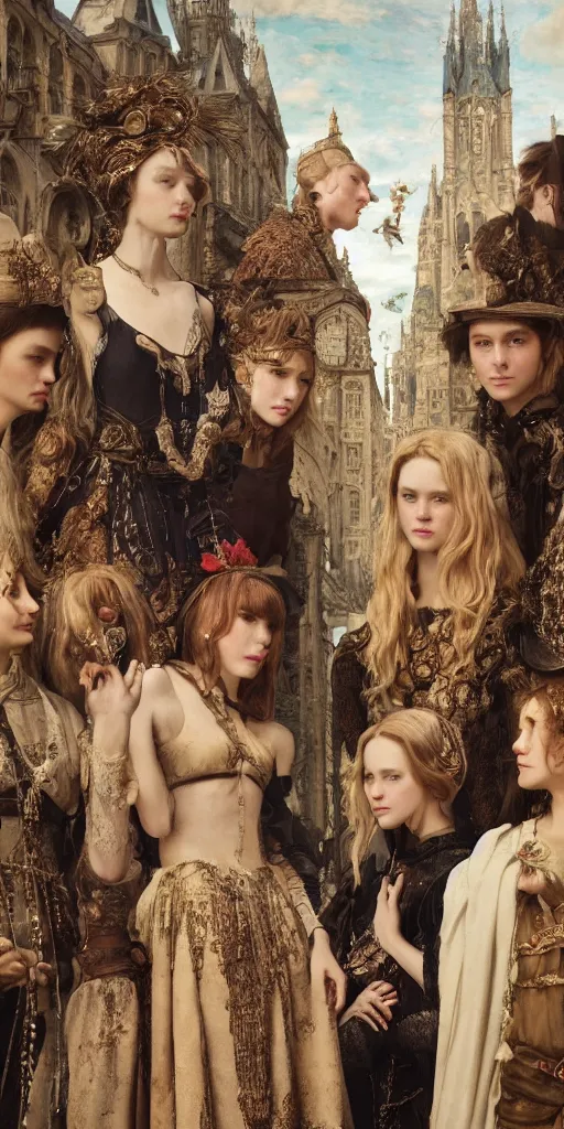 Image similar to gossip girl on a medieval market, masterpiece by Edgar Maxence and Ross Tran and Michael Whelan, gustav dore, 8k, octane render