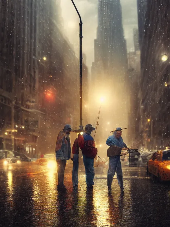 Image similar to portrait art of fishermen in a rainy new york street 8k ultra realistic , lens flare, atmosphere, glow, detailed,intricate, full of colour, cinematic lighting, trending on artstation, 4k, hyperrealistic, focused, extreme details,unreal engine 5, cinematic, masterpiece