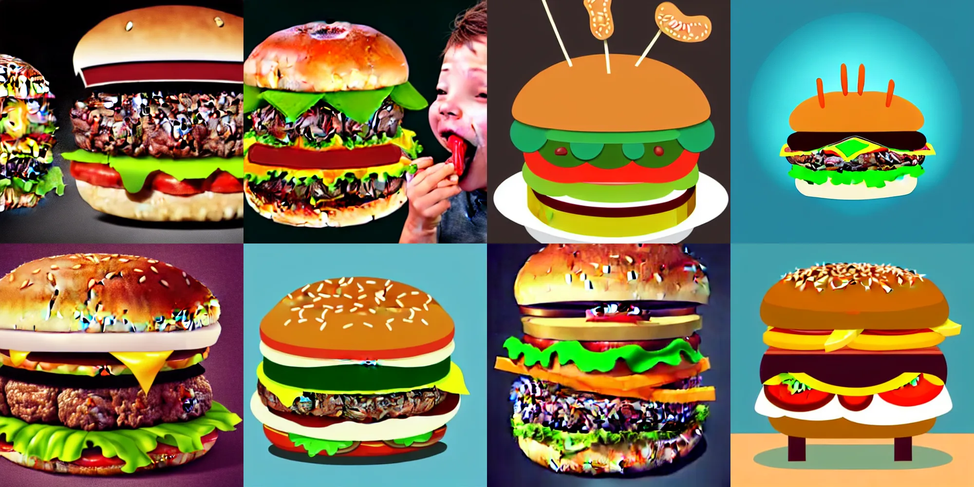 Prompt: a big hamburger eating a man photorealistic hamburger with teeths and a mouth eating a tiny human