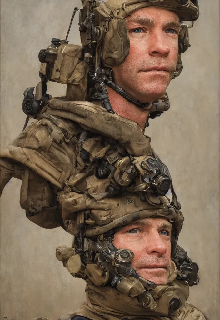 Prompt: navy seal painted by christian tagliavini. face portrait. highly detailed. depth of field. high definition. 8 k. photography