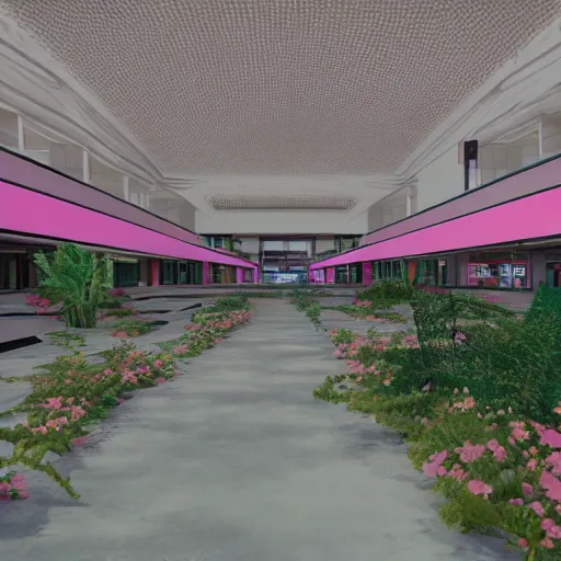 Prompt: huge abandoned mall with overgrown plants, pink neon lights, rendered in unreal engine 5